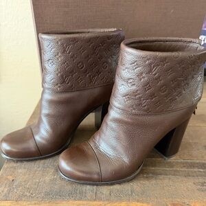 Louis Vuitton Dark Brown Embossed Monogram Leather Ankle Booties